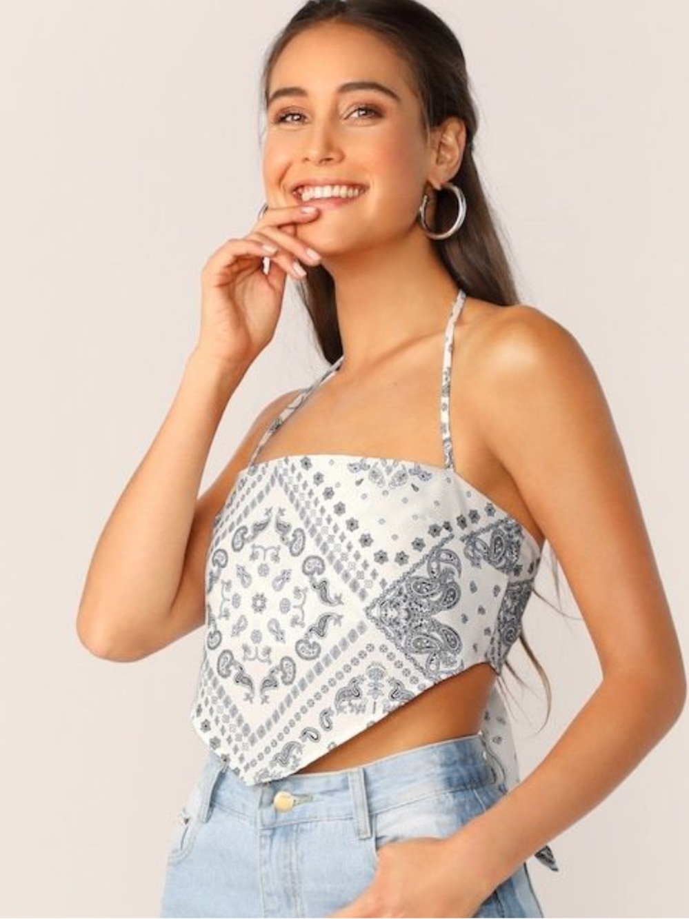 SHEIN Teal Paisley Floral Bandana Crop Top with Navy and Coral Accents